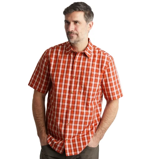 Men'S Coast Short Sleeve Shirt Solar Orange/Auburn Check