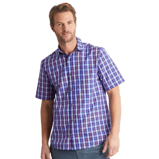 Men'S Coast Short Sleeve Shirt Ridge Blue/Solar Orange Check