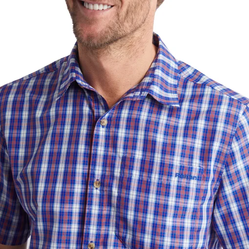 Men'S Coast Short Sleeve Shirt Ridge Blue/Solar Orange Check