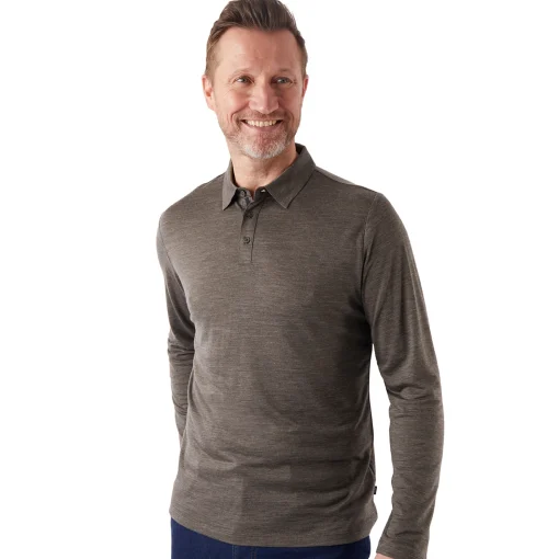 Men'S Merino Cool Long Sleeve Polo Dark Olive Brown Marl