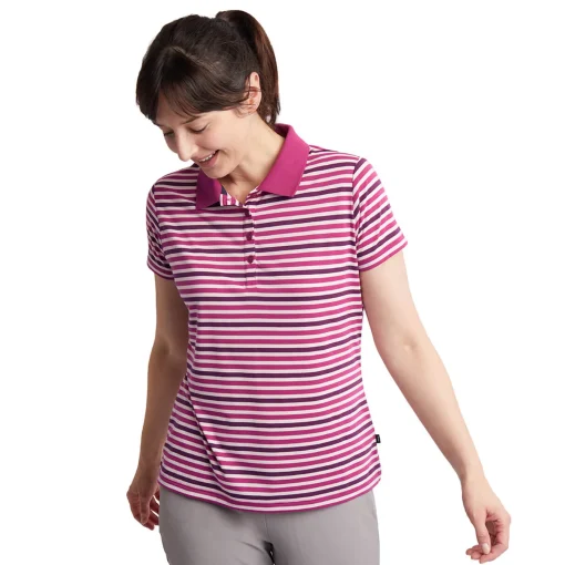 Women'S Shoreline Short Sleeve Polo Raspberry Pink/Purple Stripe